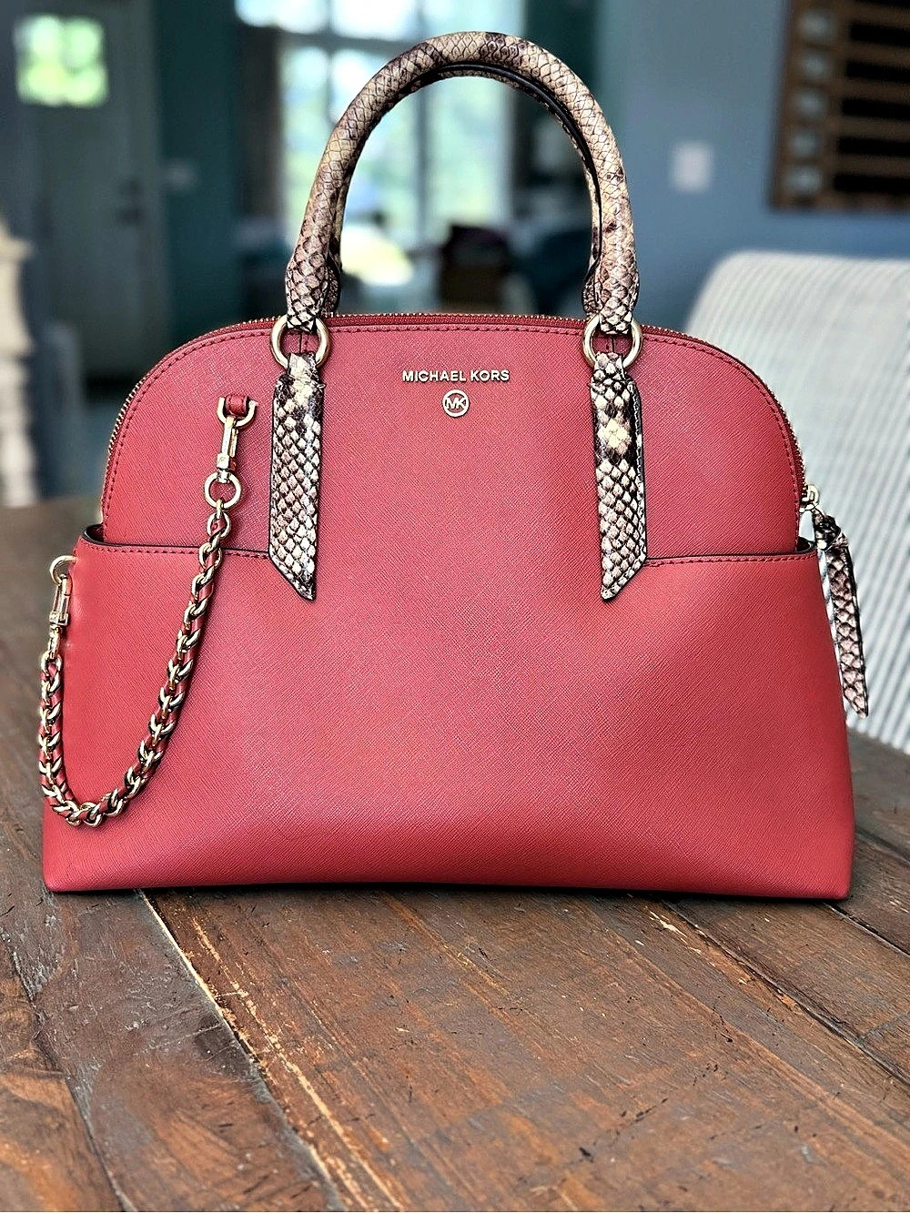 Michael Kors Hudson Large Leather Dome Satchel Red Snakeskin Chain Handbag